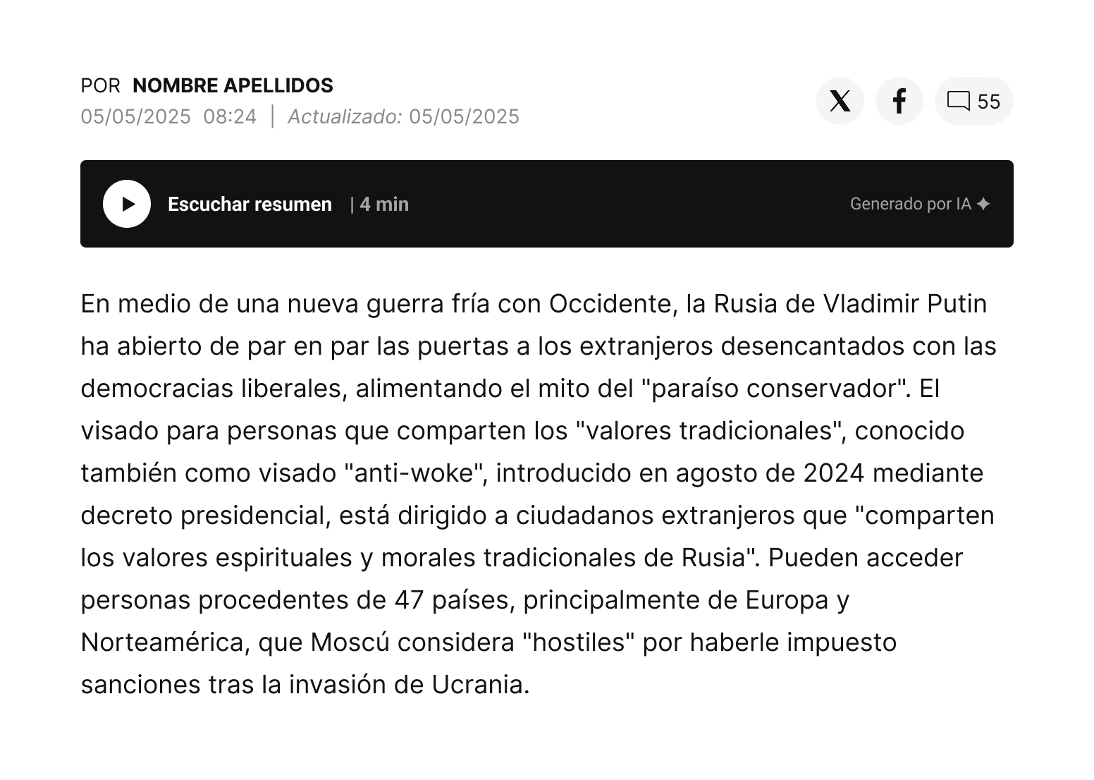 The redesigned dark audio player embedded in a news article, with a play button, 'Escuchar resumen', duration and an AI-generated label