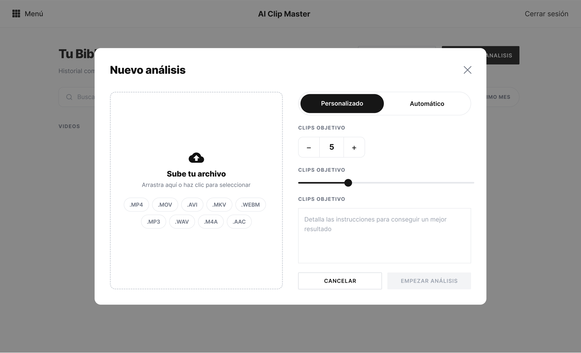 New analysis modal — upload a file, choose automatic or custom, set a target clip count and instructions