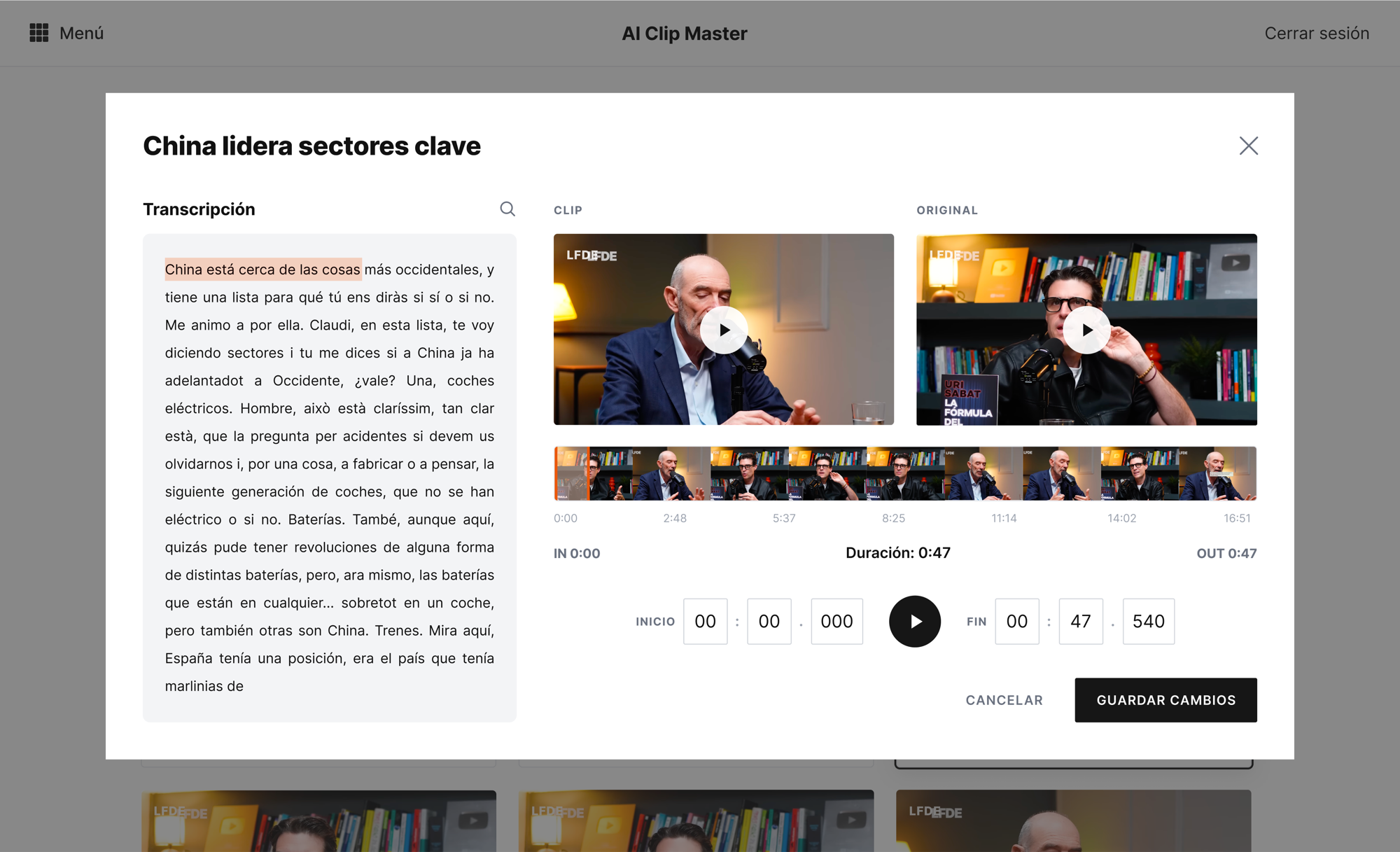 The clip editor — transcript on the left, clip and original previews, and an in/out timeline below