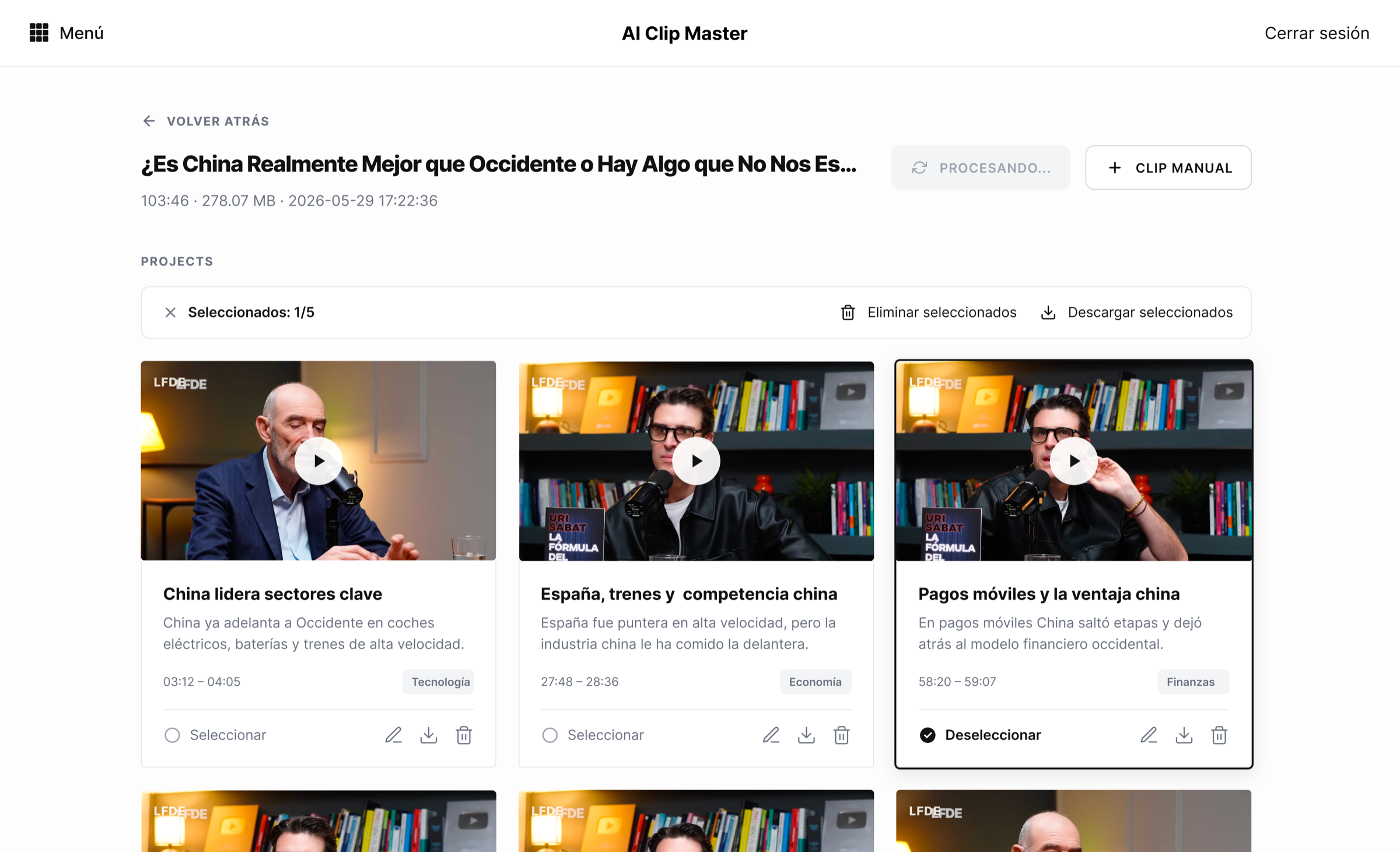 The clip grid — selecting clips to export, with options to download the selection or all at once