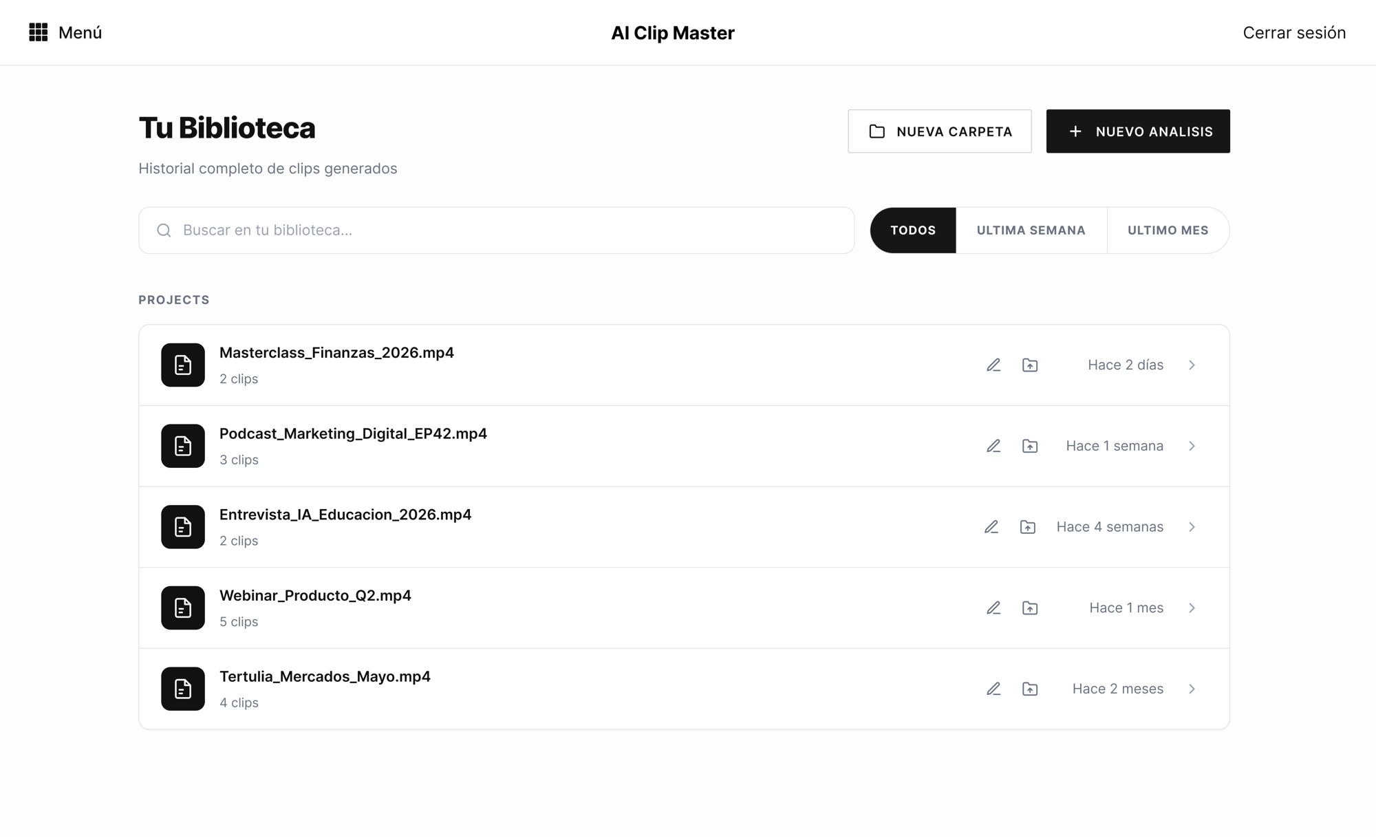 The library as a file manager — videos listed with clip counts and recency, with folders and sharing
