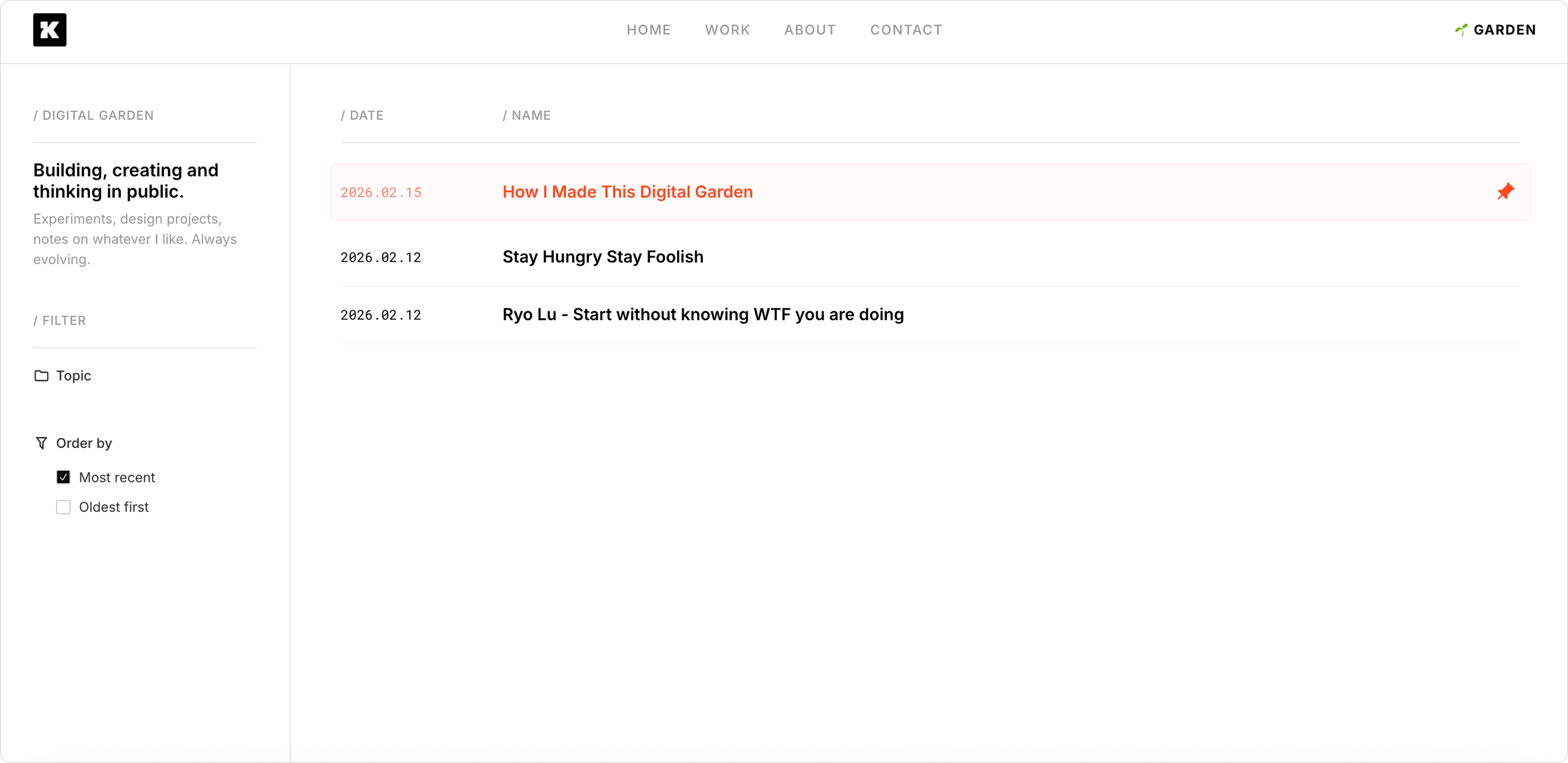 Digital Garden — home view with posts directory and tag filtering