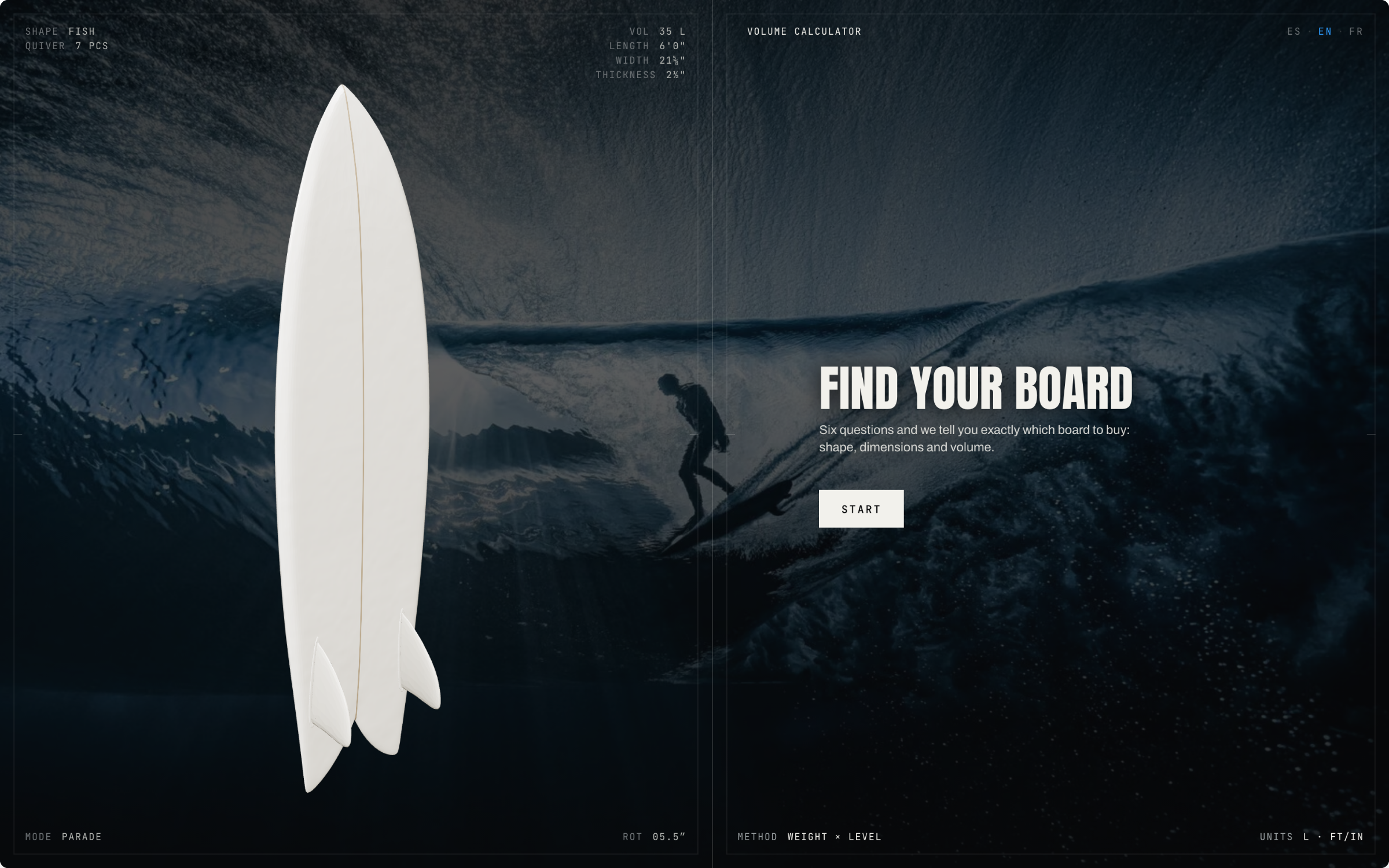 The calculator's home screen: a board turning in a dark showroom over an underwater photograph