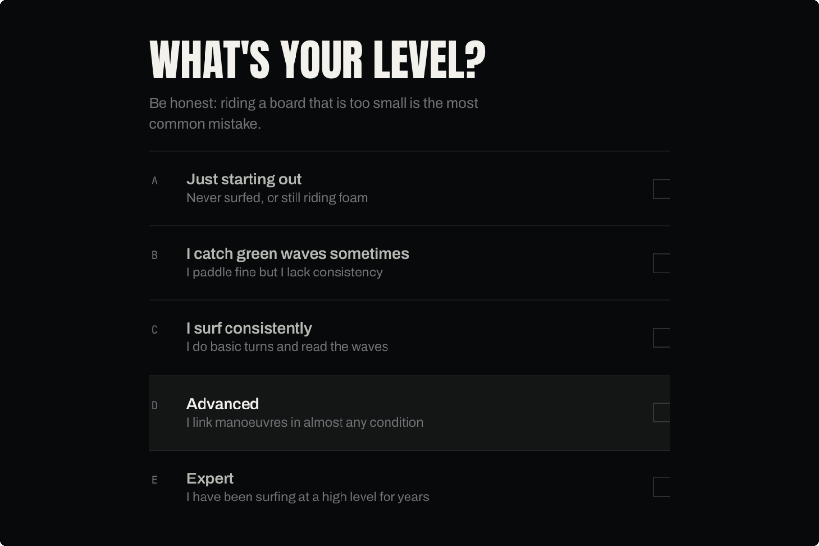 The level question, with five options written as behaviour rather than labels