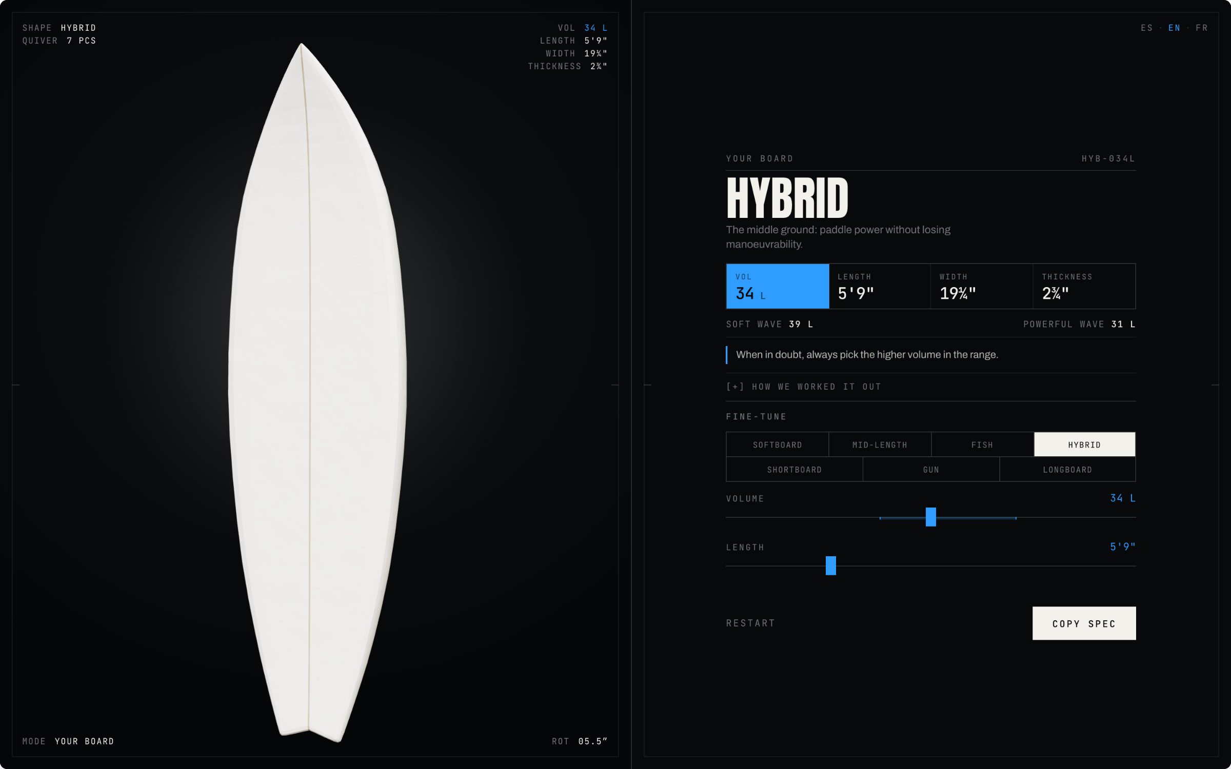 The result screen: shape, the double volume figure, real dimensions and the refine controls