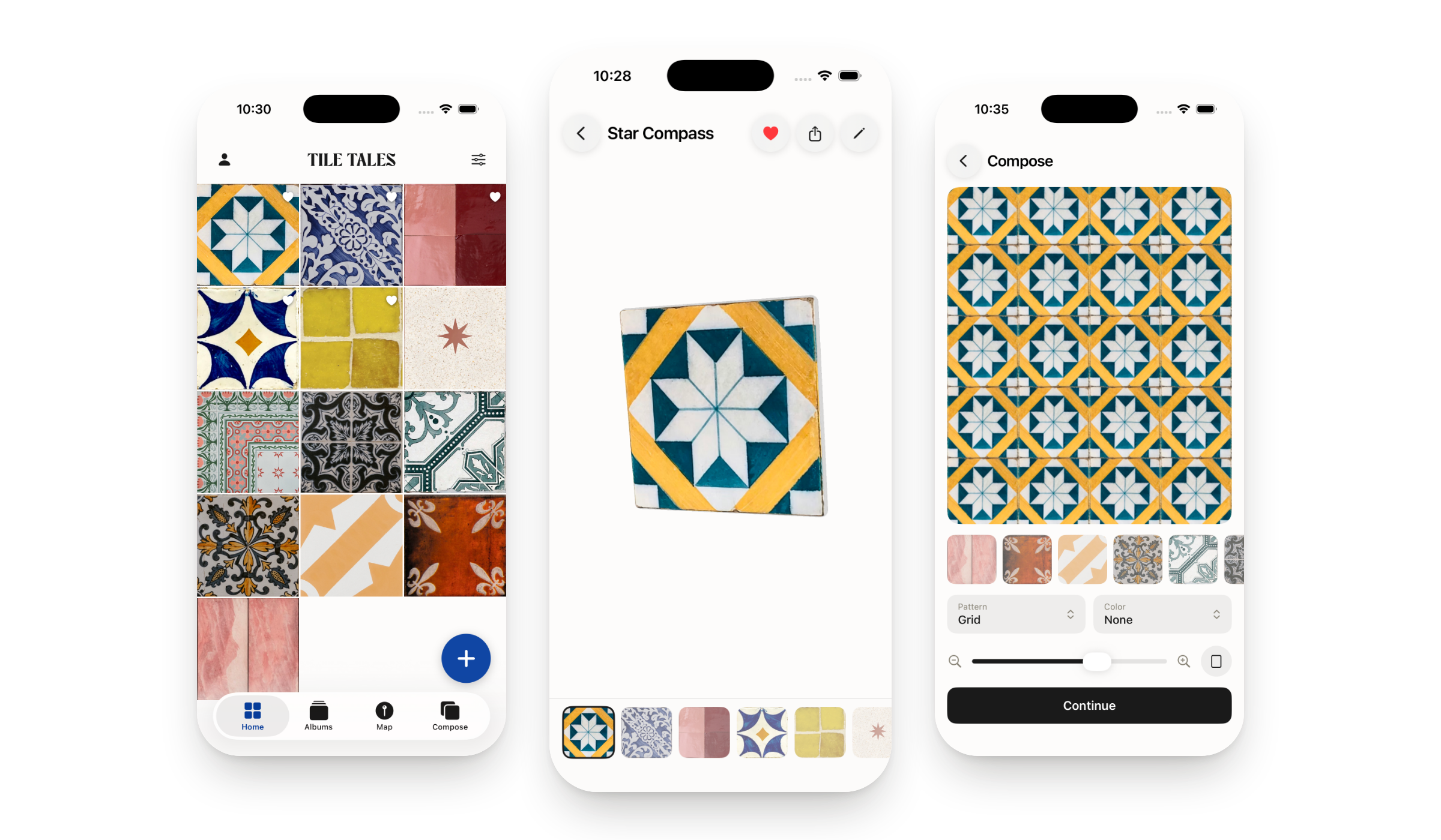 Tile Tales on iPhone — the collection grid, a tile turning in 3D, and the Compose pattern editor