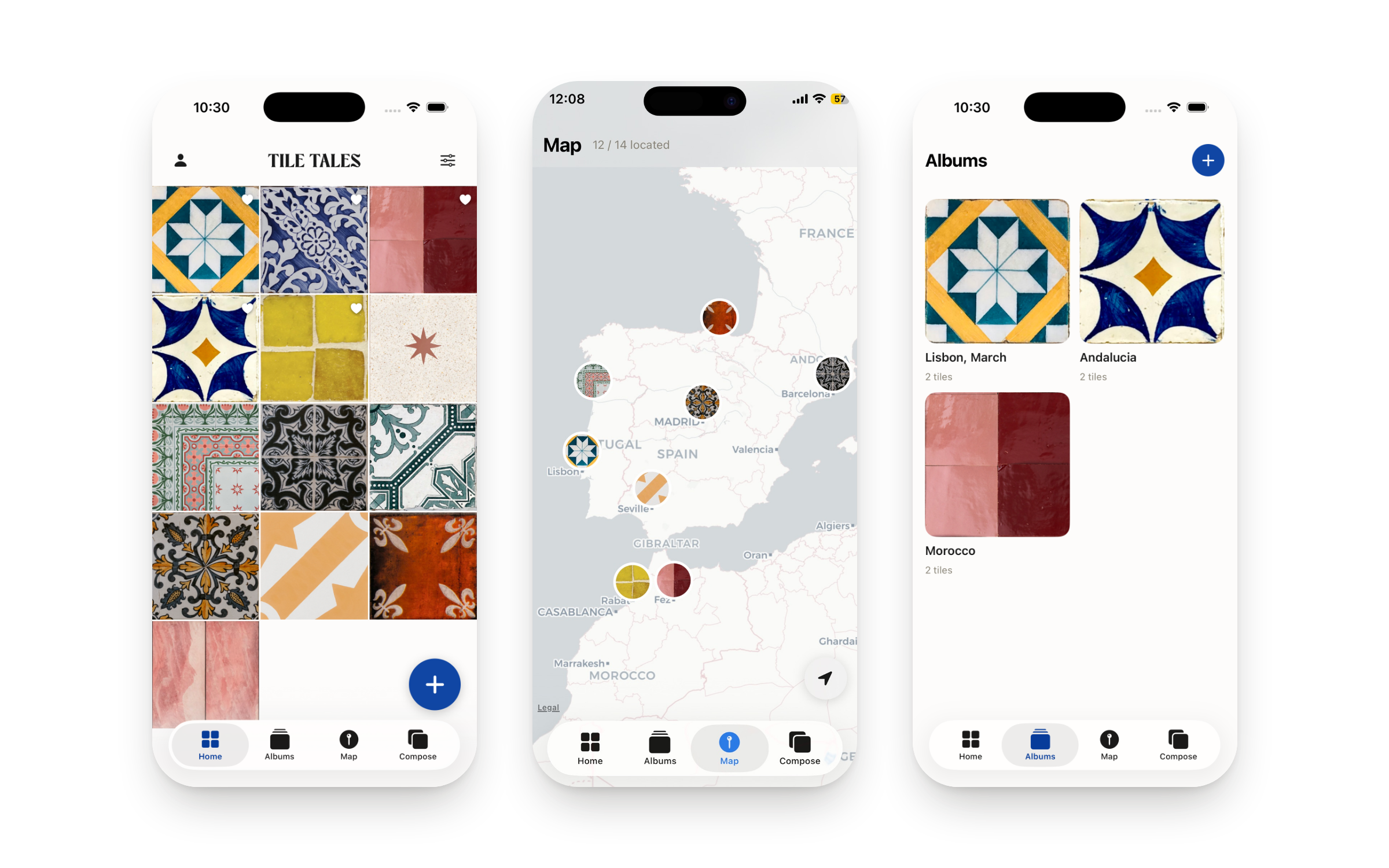 Three screens: the collection grid, the map of finds across Iberia and Morocco, and albums grouped by trip