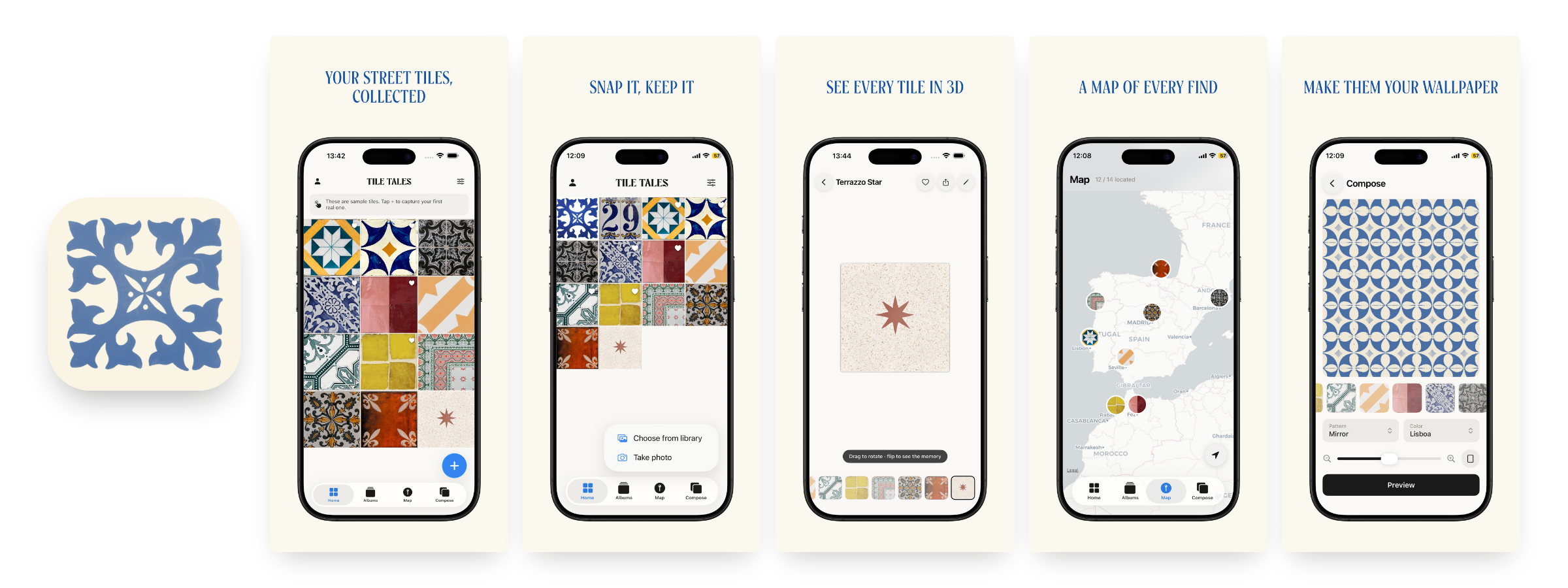 The App Store listing: the app icon and the five store screenshots as submitted