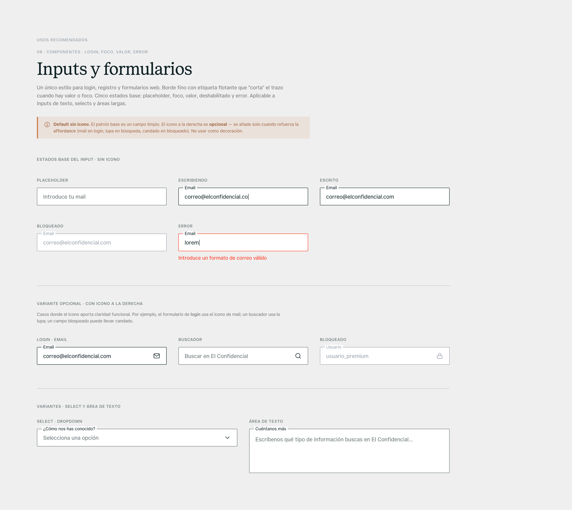 EC input component — five states, icon variant, select and textarea