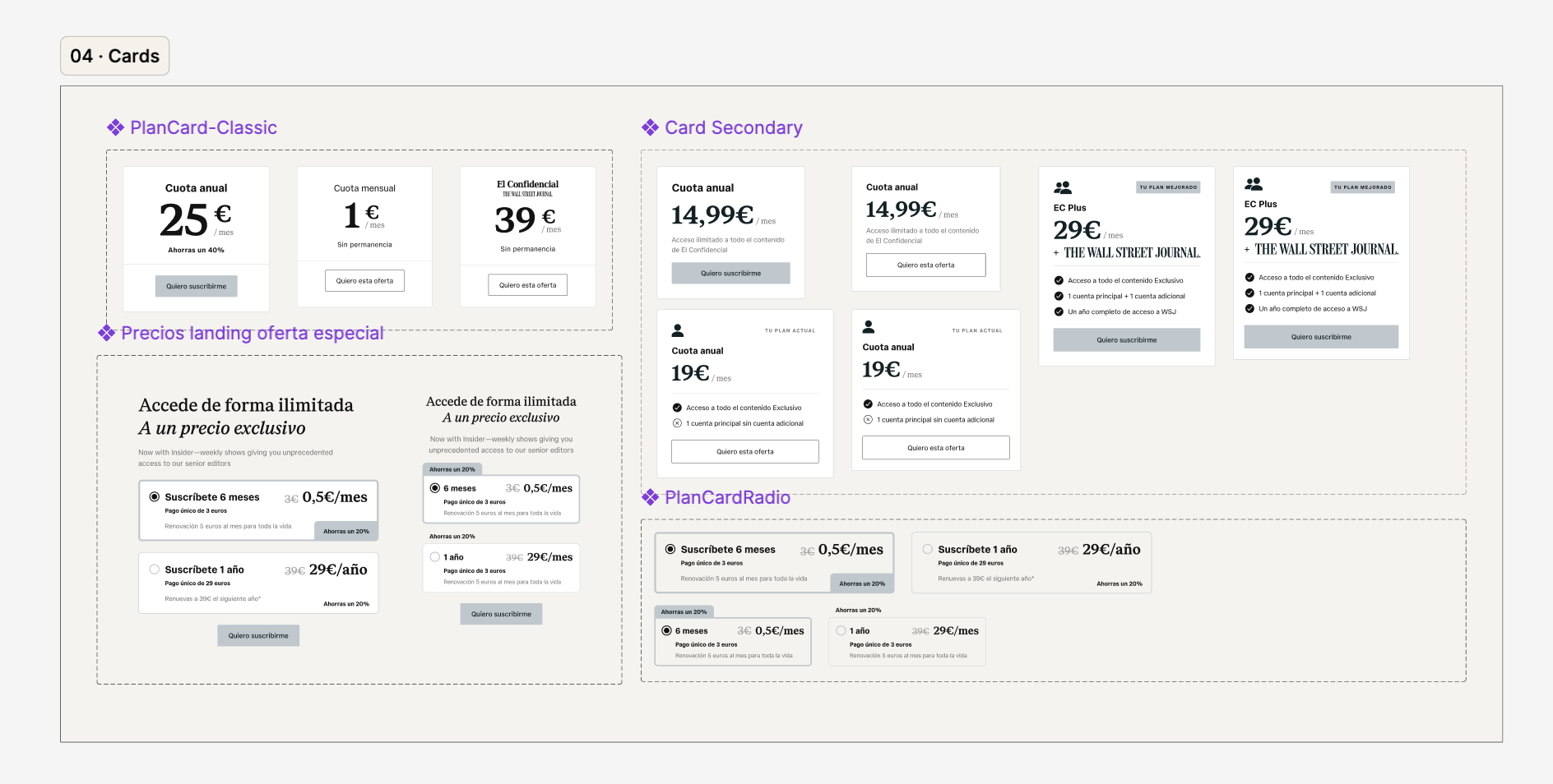 PlanCard variants — Classic, Secondary, Radio and special offer layouts
